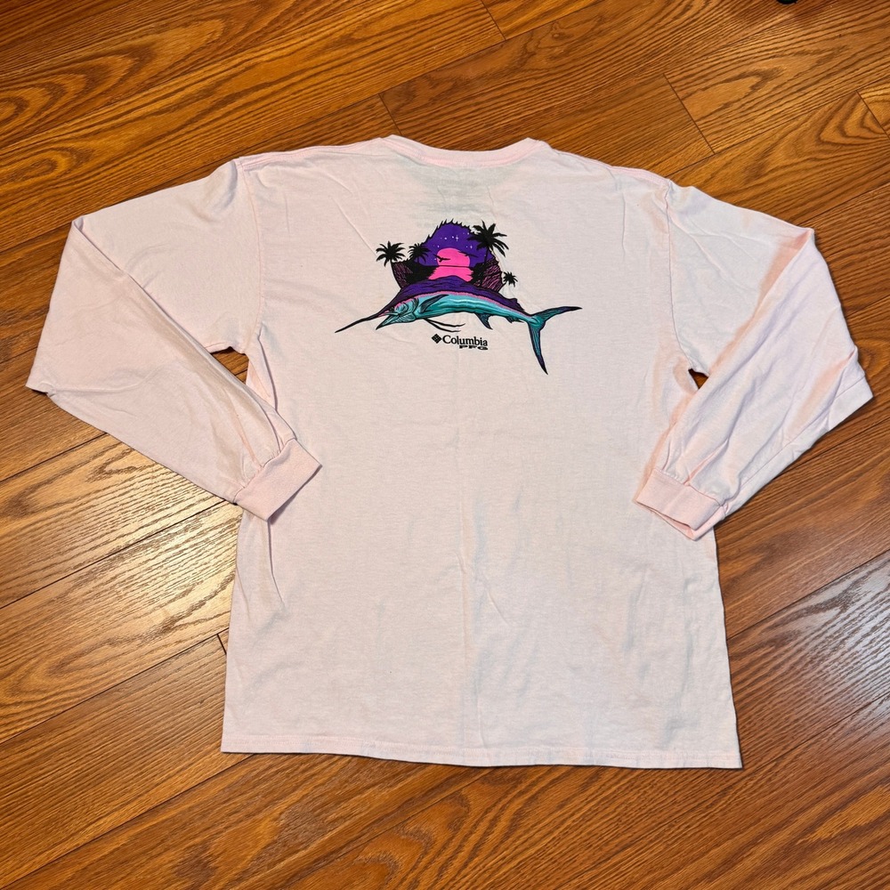 Columbia PFG Mens Large Pink Long Sleeve Marlin Sunset Graphic T-Shirt Cotton